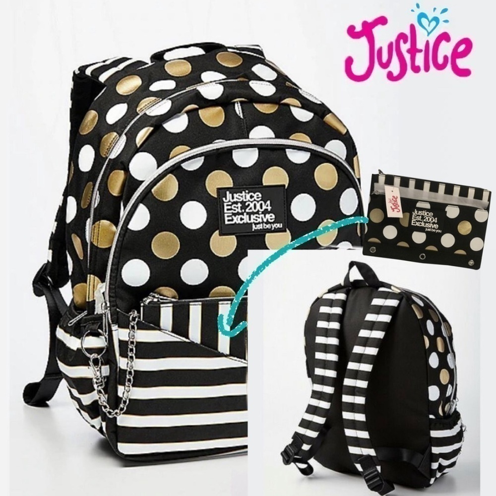 Justice  Exclusive "Just Be You" Gold & White Polka-dot & Strip Backpack bag - Picture 6 of 16